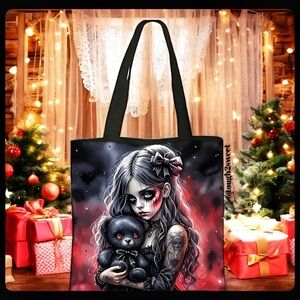 🆕15" BY 15" TOTE BAG/GOTH GIRL WITH BLACK TEDDY BEAR TOTE BAG Y2K PUNK GOTH